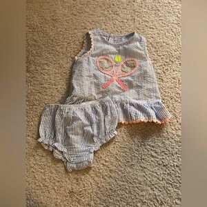 Mud Pie Baby Seersucker Tennis Racket Bubble Set 9–12M Pink Trim Summer Outfit